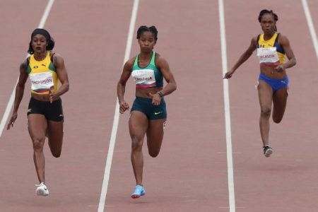 Women’s 100m Semifinal 2/3 - Kennedy Park, Lima, Peru. Jamaica’s Elaine Thompson, Brazil’s Vitoria Cristina and Barbados’ Ariel Jackson in action. REUTERS/Henry Romero
