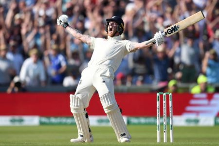 Ben Stokes exults after smashing a boundary to lead England to a series-levelling triumph in the third Ashes test yesterday.