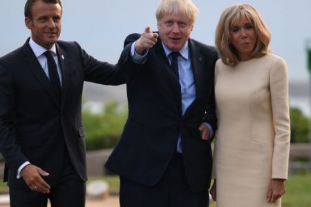 French president Emmanuel Macron and his wife Brigitte with British prime minister Boris Johnson at the official welcome during the G7 summit in Biarritz, France. Photograph: Neil Hall/PA Wire