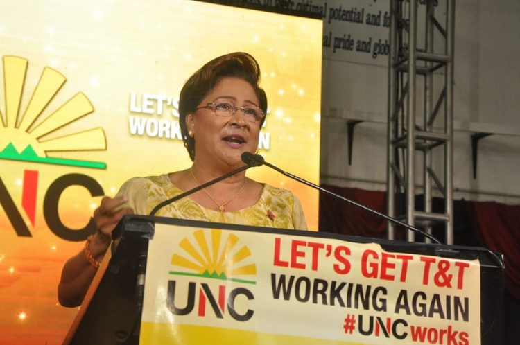 Opposition Leader Kamla Persad-Bissessar speaking at the UNC's Monday Night Forum at the Debe High School Monday night. Photo by Rishi Ragoonath.