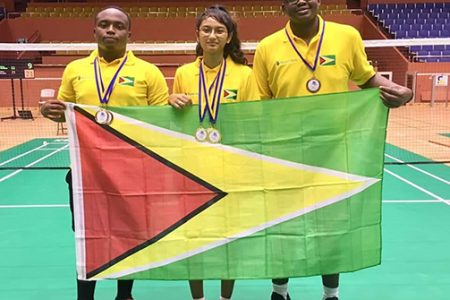 GOLDEN RUN! Guyana’s trio, Akili Haynes, Priyanna Ramdhani and Tyrese Jeffrey earned the nation five gold and one bronze at the 2019 Junior CAREBACO championships which ended Sunday in Barbados.