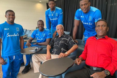 Some members of the West Indies team met up with past greats Lance Gibbs and Lawrence `Yagga’ Rowe in Fort Lauderdale, USA where the first two T20s were played.
