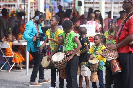 Emancipation drums: Young drummers at yesterday’s Emancipation Day observances at the National Park. (Terrence Thompson photo)