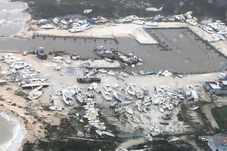 An aerial photo shows damage from Hurricane Dorian over an unspecified location in the Bahamas, September 2, 2019. Courtesy Coast Guard Air Station Clearwater/U.S. Coast Guard/Handout via REUTERS