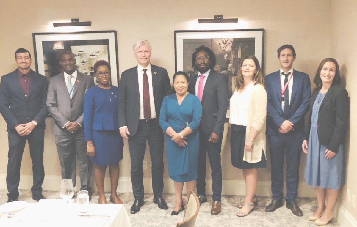 In photo are the two teams after discussions on the Guyana-Norway partnership.  Fifth and sixth from right are Minister Hastings-Williams and Minister Elvestuen. From left are Nikolaus Oudkerk, Coordinator of the Project Management Office (PMO); Ambassador Troy Torrington; Head Office of Climate Change Guyana,  Janelle Christian; Dr. Marlon Bristol, Head of PMO;  Vedis Vik, Senior Advisor Nicfi; Andreas Dahl-Jorgensen, Director of Nicfi; Ragnhild Eikenes, Nicfi’s Communication Adviser. (Ministry of the Presidency photo)

