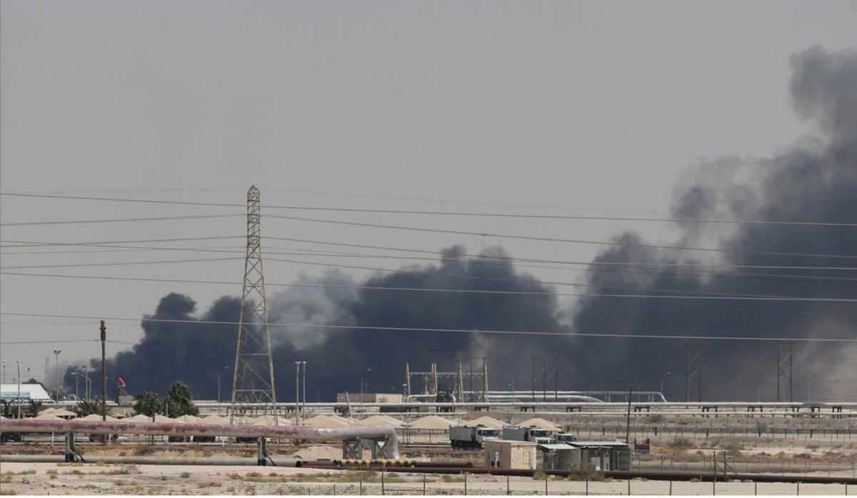 Smoke is seen following a fire at Aramco facility in the eastern city of Abqaiq, Saudi Arabia, yesterday. (REUTERS/Stringer)
