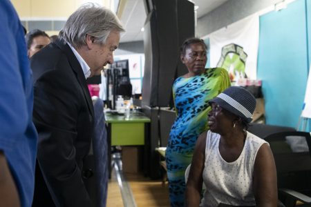 Secretary-General António Guterres visits a shelter and talks to some of the evacuees of Hurricane Dorian from the Grand Bahama and Abaco Islands during his trip to the Bahamas affected by the Hurricane Dorian. (UN/Mark Garten photo)