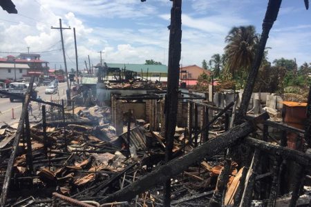The remains of the Vreed-en-Hoop, West Bank Demerara buildings after Sunday morning’s fire.