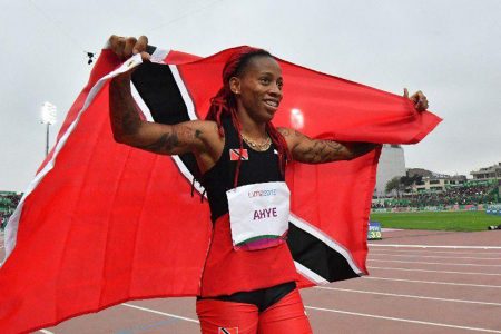 Tobago's Trinidad and Tobago's Michelle-Lee Ahye celebrates winning the silver medal in the Athletics Women's 100m Final during the Lima 2019 Pan-American Games in Lima on August 7, 2019.
