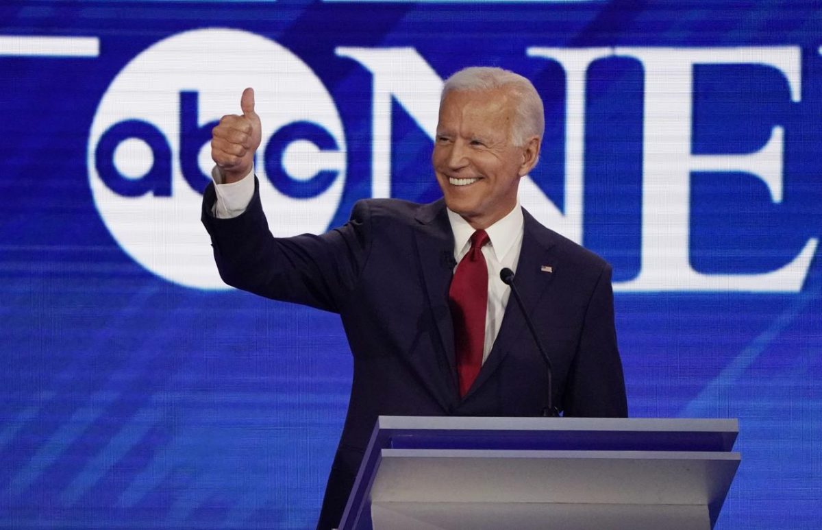 Former Vice President Joe Biden gives a thumbs up at the 2020 Democratic U.S. presidential debate in Houston, Texas, U.S., September 12, 2019. REUTERS/Mike Blake