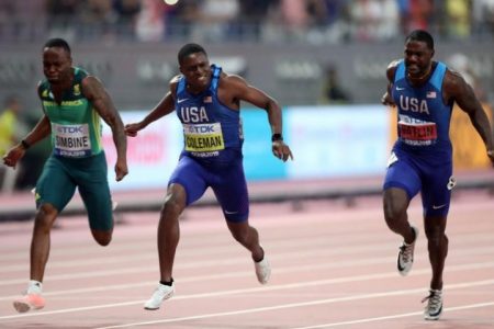 From left, South Africa’s Akani Simbine, and US sprinters Christian Coleman, centre and Justin Gatlin during yesterday’s blue riband event, the men’s 100m final, at the IAAF World Championships. (Reuters photo)

