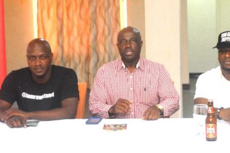 The first ever Revelation Soundclash between Guyana and Jamaica will be held this evening at the National Park. The clash will feature Pink Panther of Jamaica against several of Guyana’s selectors. This evening’s event will be headlined by Jamaica’s dancehall ‘Don’ Tommy Lee. At a press conference held yesterday at the Tower Suites Hotel, promoter Isaiah Laing of Jamaica declared that the soundclash marks the beginning of several planned shows for Guyana. Here, Laing (centre) of Sting fame, shares the head table with Pink Panther (right) and Rawle Toney.
