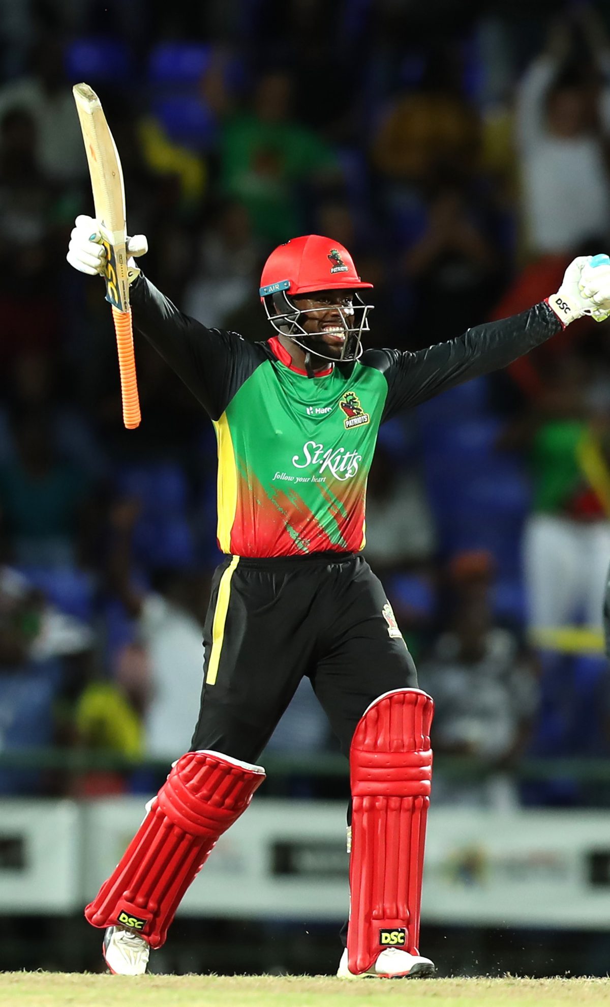 Fabian Allen celebrates after hitting the winning runs for St Kitts and Nevis Patriots in their record run chase on Tuesday night.
