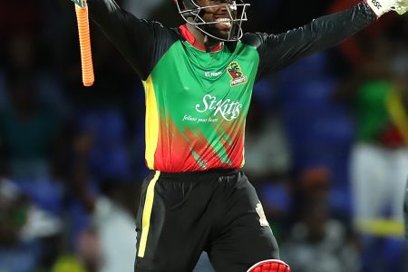 Fabian Allen celebrates after hitting the winning runs for St Kitts and Nevis Patriots in their record run chase on Tuesday night.
