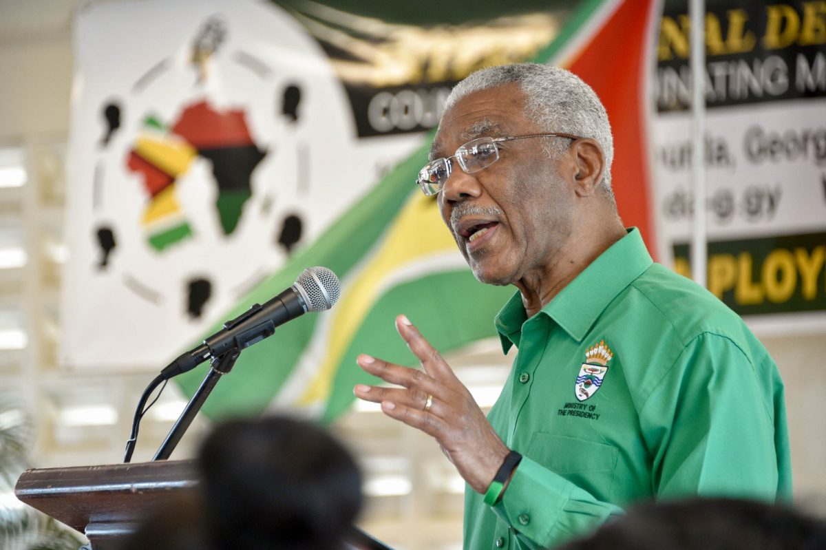 President David Granger delivers remarks at the International Decade for People of African Descent Assembly-Guyana's General Assembly. (Department of Public Information photo)