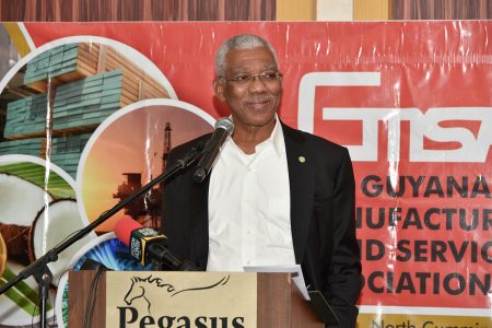 President David Granger delivering the feature address at the Guyana Manufacturing and Services Association’s annual business luncheon. (Ministry of the Presidency photo)
