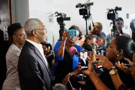 President David Granger speaks to the media following his attendance at the GMSA business luncheon.  (Ministry of the Presidency photo)