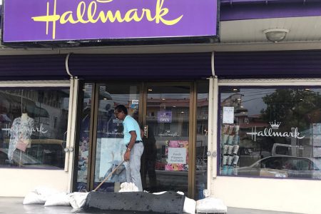 The Hallmark Store on Quamina Street had to place sandbags at the entrance in a bid to prevent floodwater from entering.