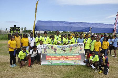 The victorious Henrietta unit posing with their spoils following their hard-fought win over Dartmouth Dominators in the final of the Essequibo/Pomeroon leg of the Namilco U17 Football Championship
