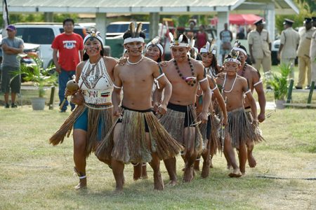 An indigenous group performs the welcome dance at the opening ceremony yesterday of Indigenous Heritage Month at the Sophia Exhibition Site. (Ministry of the Presidency Photo)