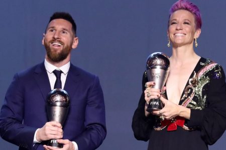 The Best FIFA Men’s Player of the Year Lionel Messi and the Best FIFA Women’s Player of the Year Megan Rapinoe pose for the photos at the end of The Best FIFA Football Awards 2019 yesterday in Milan, Italy. (Photo courtesy FIFA website).