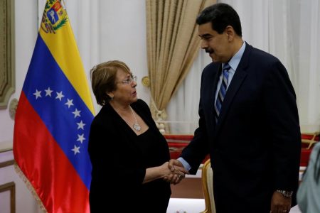 U.N. High Commissioner for Human Rights Michelle Bachelet (left) and Venezuela’s President Nicolas Maduro meet in Caracas, Venezuela, June 21, 2019. REUTERS/Manaure Quintero 