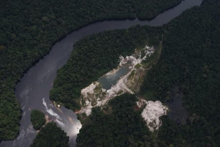 Aerial shot shows the presence of the mining camps and operations in the Kaieteur National Park (File DPI photo)