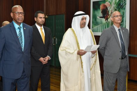 Nasser Riden Al-Motairi, Non-Resident Ambassador (Designate) Extraordinary to Guyana (second from right)  during his accreditation ceremony at the Ministry of the Presidency yesterday. (Ministry of the Presidency photo)