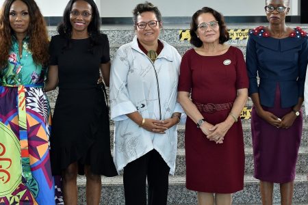 First Lady,  Sandra Granger (second from right) along with, from left to right, Co-founder and Executive Vice President of Schure Media Group,  Yvette Noel- Schure; Executive Director of Girls Incorporated, Michelle Nicholas; ANSA McAL, Country Manager,  Beverley Harper and President of WeLead Caribbean,  Abbigale Loncke, at the opening of the Empowered Leadership Conference. (Ministry of the Presidency photo)