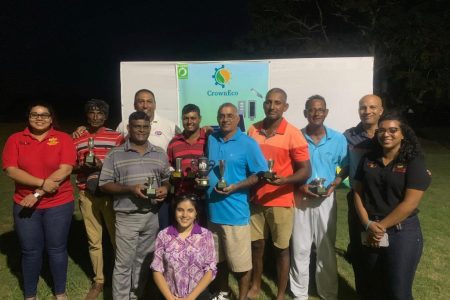 The winners and some Crown ECO (C-ECO) staff can be seen. Kneeling is Siya Persaud of C-ECO), and standing from left: Avashti Persaud (C-ECO), Deoram Dinanath, Kassim Khan, Aleem Hussain, Avinash Persaud, ‘Pdt Ravi’ Persaud, Maxim Mangra, Patrick Prashad, ‘Pur’ Persaud, and Asharnica Persaud (C-ECO).
