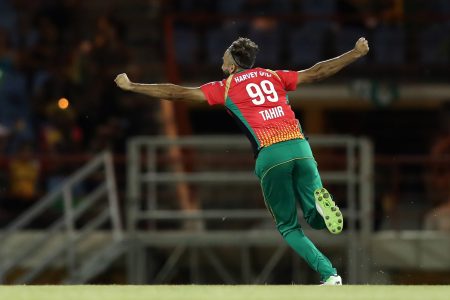 SEVENTH HEAVEN! Amazon Warriors’ Imran Tahir celebrates taking a wicket against the St Lucia Zouks last night at the Darren Sammy Stadium, St Lucia. (Picture courtesy of CPL)
