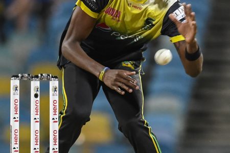 Jamaica Tallawahs all-rounder Shamar Springer celebrates a wicket during Monday night’s win over Barbados Tridents. 