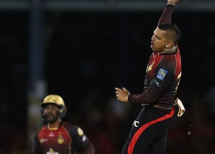 Off-spinner Sunil Narine celebrates one of his two wickets against Jamaica Tallawahs on Friday night. 