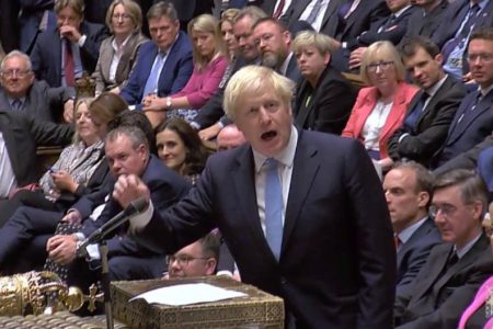 Britain’s Prime Minister Boris Johnson speaks after Britain’s parliament voted on whether to hold an early general election, in Parliament in London, Britain, September 10, 2019, in this still image taken from Parliament TV footage. Parliament TV via REUTERS

