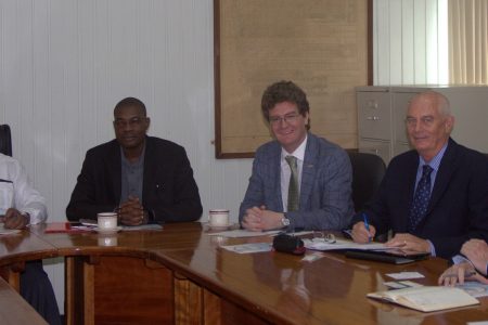 From left are Minister of Finance Winston Jordan, Minister of Public Infrastructure David Patterson, British High Commissioner to Guyana Greg Quinn and other officials in 2016 at the launching of the programme. (SN file photo)