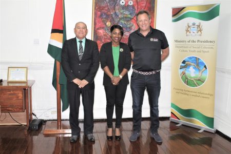 From left are Minister of Social Cohesion, Dr. George Norton, Permanent Secretary, Melissa Tucker and CPL COO, Pete Russell.
