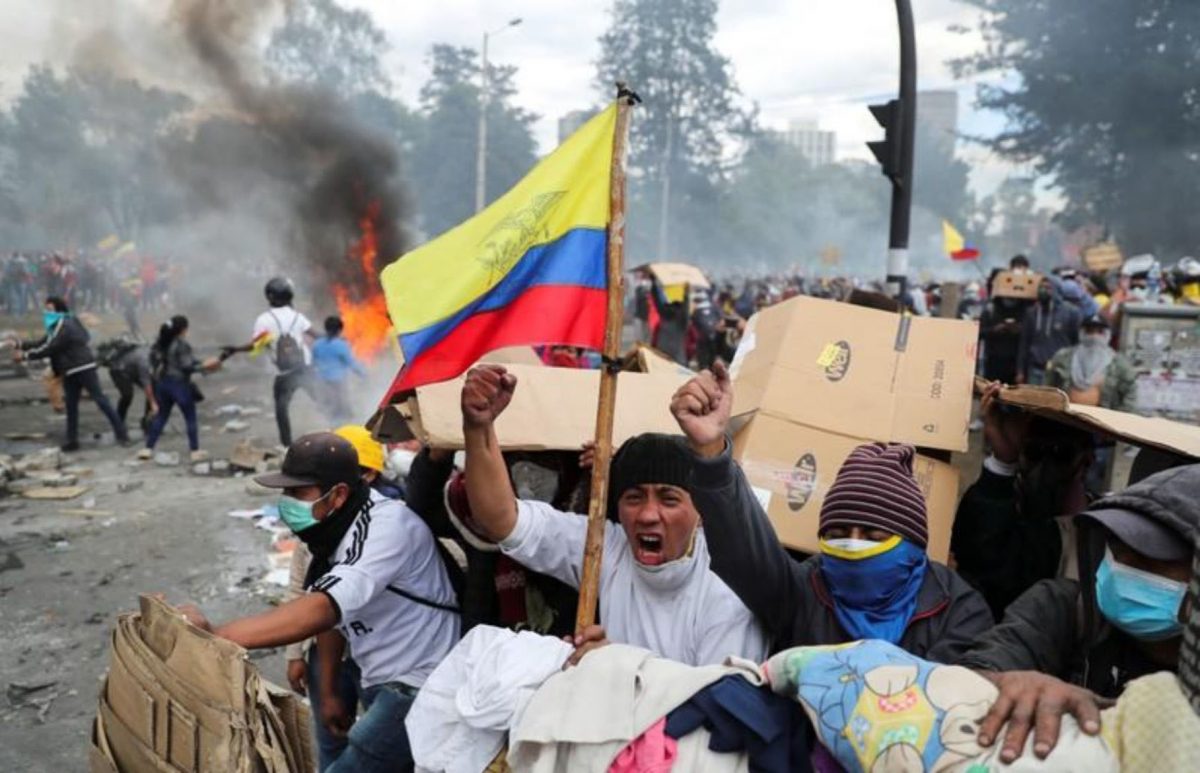 Demonstrators gesture during a protest against Ecuador’s President Lenin Moreno’s austerity measures in Quito, Ecuador yesterday. (REUTERS/Ivan Alvarado)

