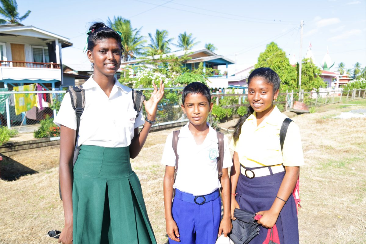 On their way home from schools: From left: Devayani Persaud of Fort Wellington Secondary School, Jason Bhuggoo (Number 8 Secondary) and Mohanie Siarjoon (Woodley Park Secondary)
