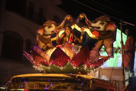 One of many Hindu goddesses depicted on the floats in the motorcade. (Terrence Thompson photo)
