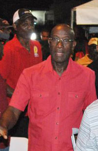 Prime Minister Dr Keith Rowley arrives at the PNM’s post-Budget meeting at Piggott’s Corner in Belmont on Friday night. (Trinidad Guardian photo) 