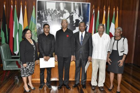 From left are Carol Corbin, Sukrishnalall Pasha, President David Granger, Ivor English, Nanda Kishore Gopaul and Emily Dodson after the swearing in ceremony in 2016. (Ministry of the Presidency photo)