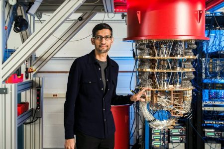 Sundar Pichai with one of Google’s Quantum Computers in the Santa Barbara lab, California, U.S. Picture taken in October 2019. (Google Handout via REUTERS)