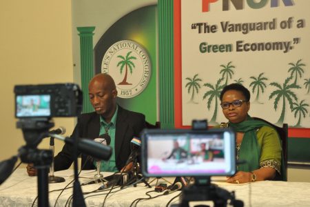 PNCR Chairwoman Volda Lawrence addressing reporters during a party press conference at Congress Place on Friday (PNCR photo) 
