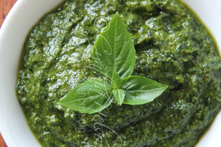 Basil Pesto made with mortar and pestle (Photo by Cynthia Nelson)