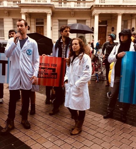 Scientists aligned with Extinction Rebellion gather in London, Britain to declare their support of mass civil disobedience to force governments to act on climate change, in this image obtained via social media October 12, 2019. Scientists for Extinction Rebellion via REUTERS