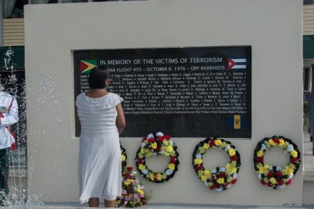 In memory of the 73 victims of the 1976 bombing of a Cubana Air plane, a service was held at the Air Cubana Monument Site, on Sunday, on the University of Guyana’s Turkeyen campus. In attendance were several ministers of the government, the Ambassador of the Republic of Cuba to Guyana, Ricardo Lamas Camejo, and members of the diplomatic corps. (Department of Public Information photo)
