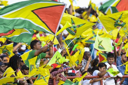 Supporters of Guyana Amazon Warriors during the Hero Caribbean Premier League Play-Off match 32 between Guyana Amazon Warriors and Barbados Tridents at the Guyana National Stadium yesterday. (Photo by Randy Brooks - CPL T20/Getty Images)