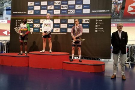 Guyana’s Jolyon Joseph on the podium at the recent World masters Cycling Championships in Manchester, England.
