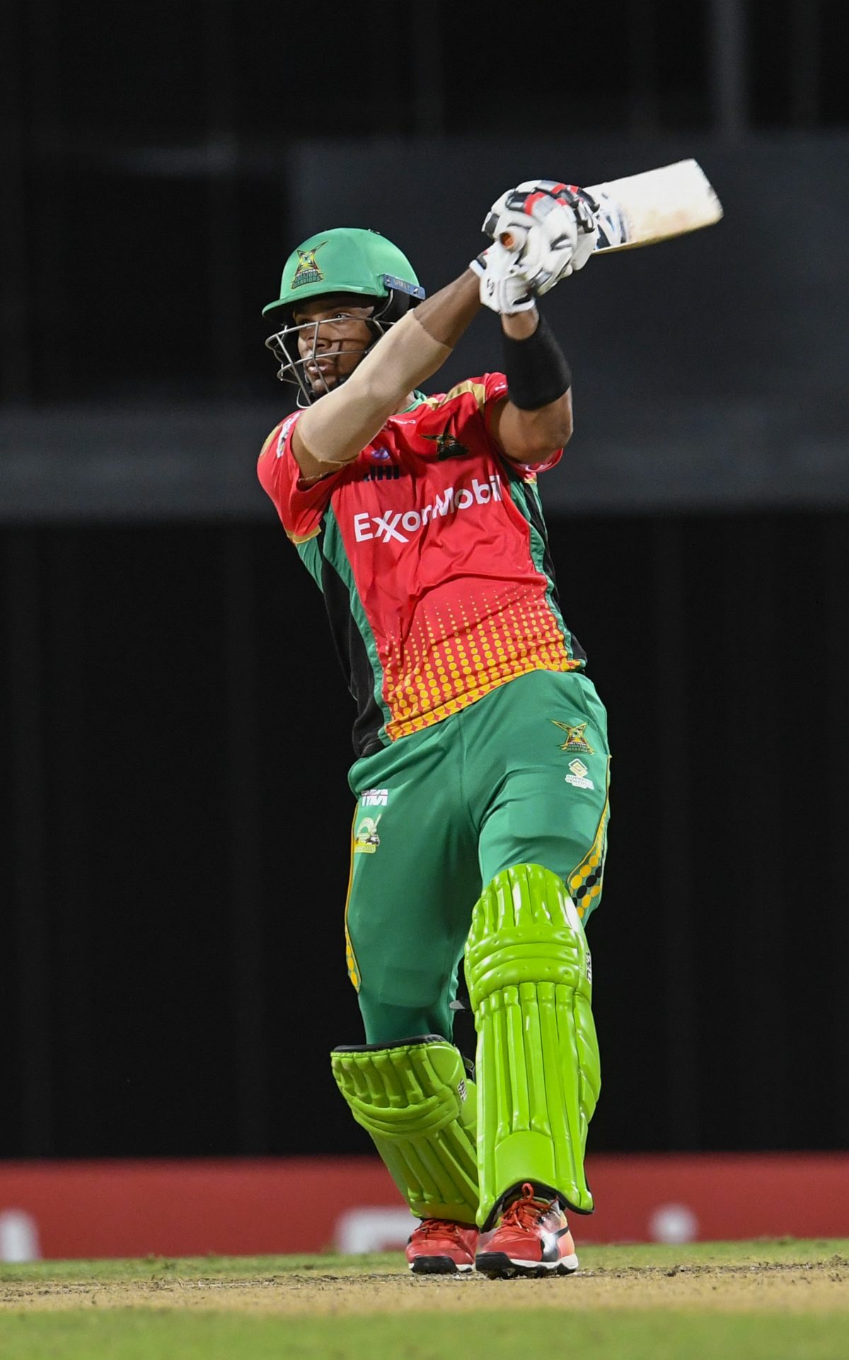 BRIDGETOWN, BARBADOS - SEPTEMBER 22: In this handout image provided by CPL T20, Brandon King of Guyana Amazon Warriors hits 6 during match 19 of the Hero Caribbean Premier League between Barbados Tridents and Guyana Amazon Warriors at Kensington Oval on September 22, 2019 in Bridgetown, Barbados. (Photo by Randy Brooks - CPL T20/Getty Images)