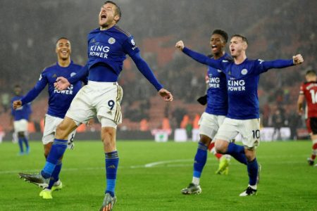Leicester City’s Jamie Vardy celebrates his team’s ninth goal. (Reuters photo)

